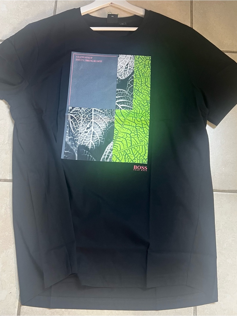 BOSS Black Short-Sleeve Tee with Green and Gray Leaf Panel